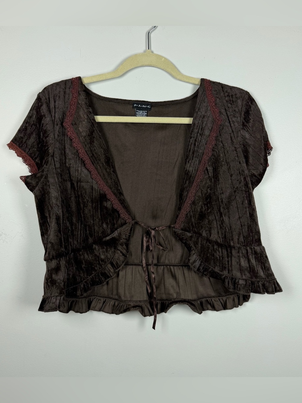 FANG Brown Velvet Y2K Tie Front Crop Shrug Babydoll Fairy Grunge Cardigan Top XL